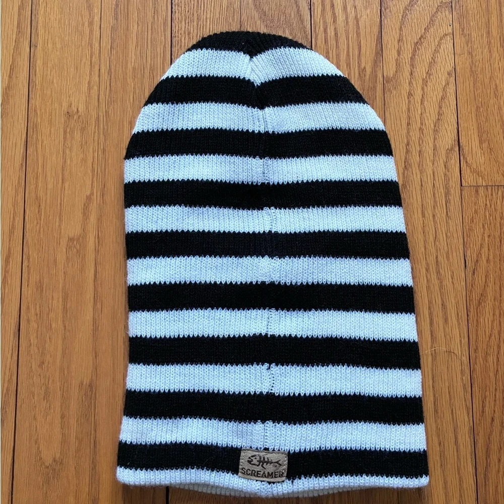 Striped Black and White Balaclava with Red Accents